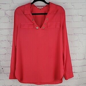 Calvin Klein Coral Long Sleeve V-neck Top. Size Medium